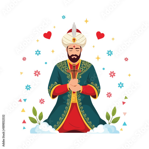 Man in traditional religious robes kneeling and praying with cross.