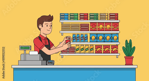 Friendly Grocer Arranging Canned Goods on Store Shelves