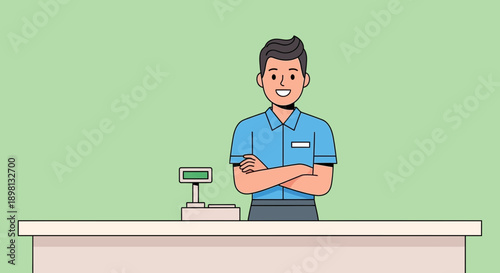 Friendly shop cashier with arms crossed at retail counter with scale and display