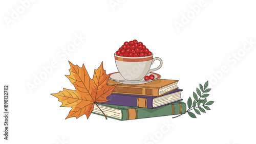 Cozy autumn still life featuring a cup of red berries on a stack of books with a large maple leaf and green branch.