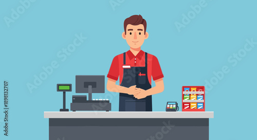 Friendly retail cashier standing at the checkout counter with computer and payment terminal