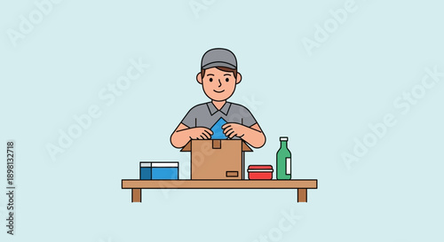 Delivery worker boxing items on a shelf for shipping and logistics