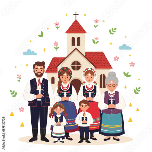 Traditional Slavic family in folk costumes standing outside church.