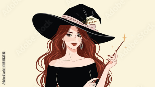 Beautiful young witch with long wavy brown hair wearing a classic black pointed hat and holding a sparkling magic wand.