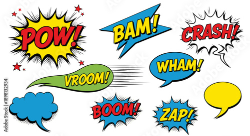 Comic book speech bubbles and sound effects