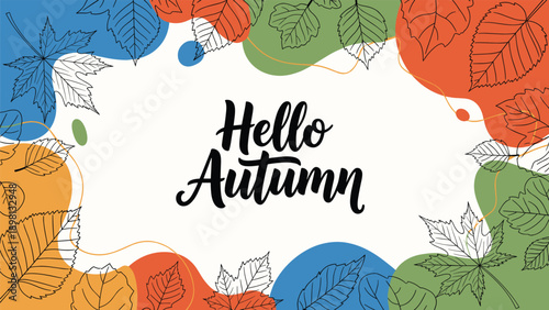 Hello Autumn greeting banner surrounded by colorful leaf outlines and abstract organic shapes on a white background.