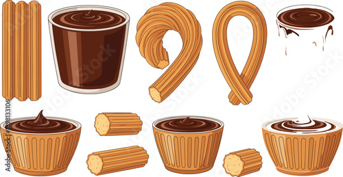 Churros Dessert Set with Fried Dough Sticks Curved Shapes and Cups of Chocolate Dipping Sauce Traditional Spanish Sweet Snack Vector Illustration