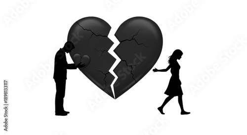 Silhouette of a couple with a broken heart between them