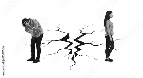 Two individuals standing on opposite sides of a cracked ground