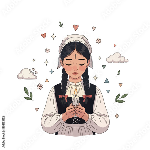 Devoted young woman holding a lit candle and praying illustration.
