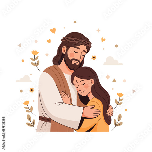 Jesus Christ embracing a devoted woman with compassion and comfort.