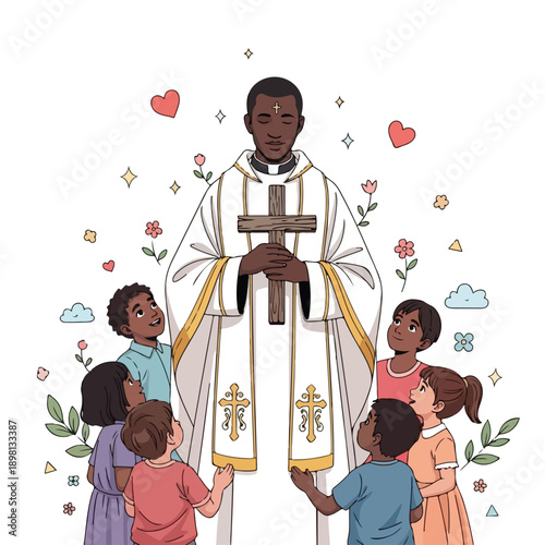 Black priest holding a cross surrounded by diverse children.