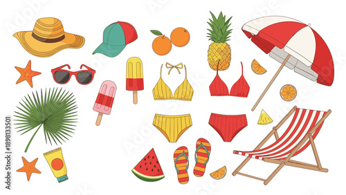 Comprehensive set of summer and beach essentials including swimwear, sun accessories, tropical fruits, and a lounge chair.