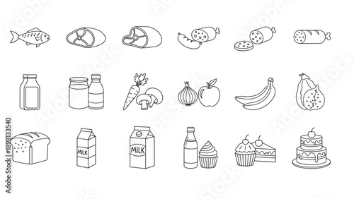 Assorted food and drink icons in black and white line art style featuring meat vegetables fruit and dairy.