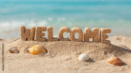 Welcome sign on sandy beach with shells by ocean in summer scene.