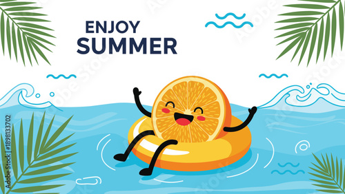 Cute orange slice character floating on a yellow ring in the sea with palm leaves for summer vacation mood.