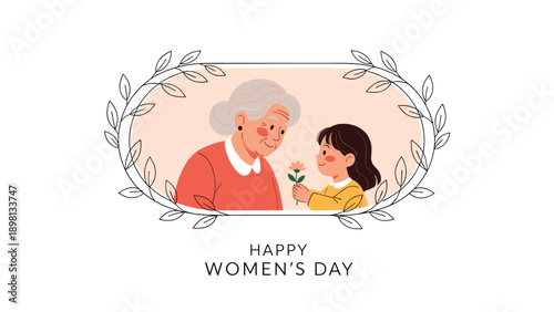 Heartwarming illustration of a little girl giving a flower to her grandmother for happy women's day greeting.