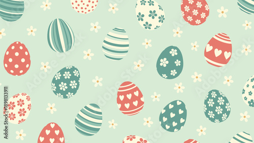 Easter pattern with decorated colorful eggs and small white flowers on a soft light blue background for spring.