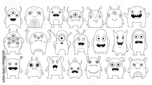 Diverse collection of cute and funny monster characters in black and white line art for kids coloring book.