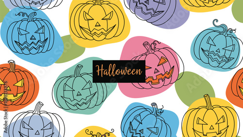 Halloween pattern with stylized outlines of jack-o-lanterns on colorful abstract blobs on a white background.
