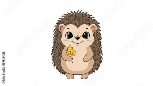 Adorable hedgehog character standing and holding a yellow autumn maple leaf with a happy expression on a white background.