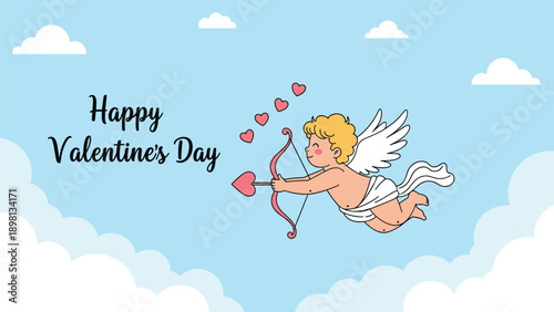 Cute cupid character flying in a blue cloudy sky with a bow and heart tipped arrow celebrating a happy valentine day.