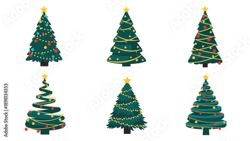 Set of different stylized christmas trees decorated with stars, ornaments, and garlands isolated on a white background.
