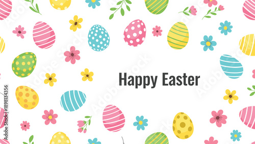 Happy easter horizontal banner with colorful decorated eggs and spring flowers scattered on a white background.