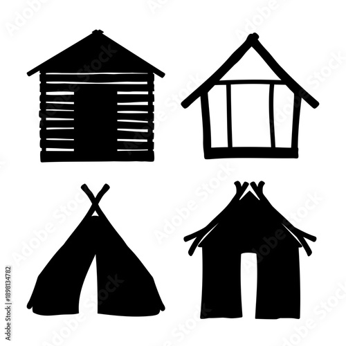 Collection of diverse hand-drawn primitive dwellings and shelters in silhouette