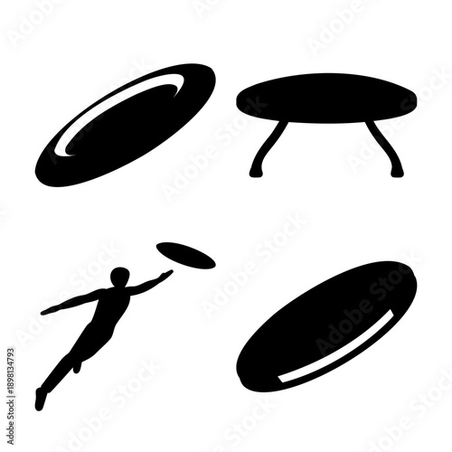 Dynamic silhouettes of frisbee players and flying discs illustrating ultimate frisbee action