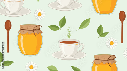 Seamless pattern with tea cups jars of golden honey wooden spoons and white daisy flowers on a light mint green background.
