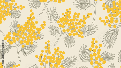 Seamless floral pattern of yellow mimosa blossoms and delicate grey leaf outlines on a soft beige background for stationary.