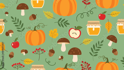 Autumn seamless pattern with pumpkins mushrooms honey jars acorns apples and colorful fallen leaves on green background.