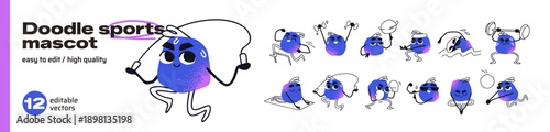 Sports mascot doodle set. Abstract cute character is training. Funny athlete does physical exercises, lift weights, jogging, skipping rope and swimming. Flat isolated vector illustrations on white