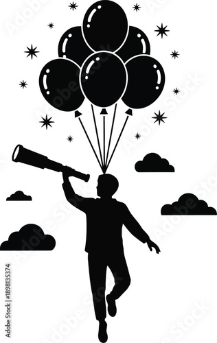 Man running with balloons and megaphone in sky