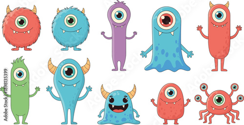Cute Cartoon Monster Characters Set with One Eyed Colorful Friendly Alien Creatures for Kids Illustration Fantasy Vector Collection