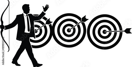 Businessman in suit hits targets with bow and arrow in dynamic motion