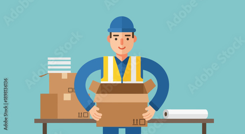 Smiling delivery worker in uniform holding an open package with boxes in a warehouse setting