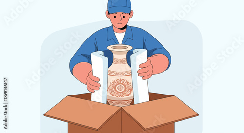 Careful mover packing delicate vase into a cardboard box for shipping or delivery