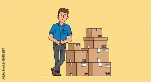 Smiling delivery man standing beside a stack of shipping boxes