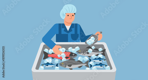 Fishmonger with fresh fish on ice at a market stall, preparing for sale
