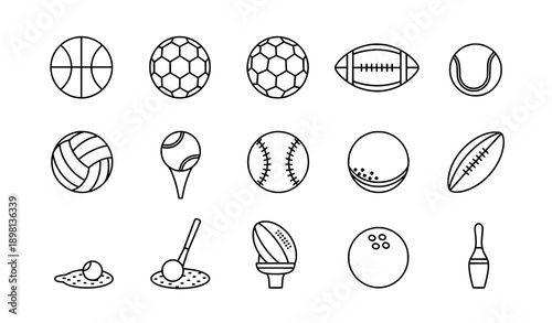 Black Outline Sports Ball Icon Set Minimal Line Vector Collection Isolated