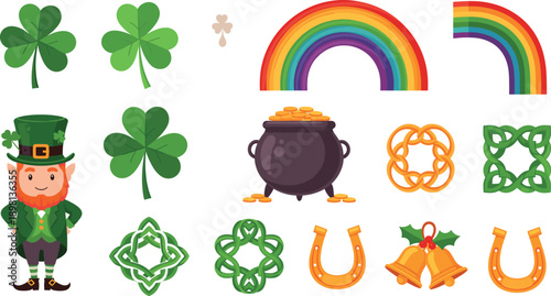 St Patrick Day Elements Set with Leprechaun Shamrocks Rainbow Pot of Gold Celtic Knots Bells and Horseshoes Irish Holiday Vector Illustration