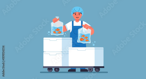 Seller transporting live goldfish in water-filled bags on a cart for sale