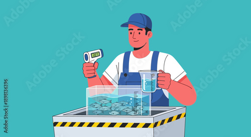 Man checks water temperature of fish in aquarium using thermometer and measuring cylinder