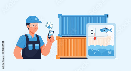 Logistics worker uses mobile app to monitor temperature and shipping containers for cargo management