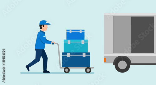 Delivery man with stacked blue luggage on a trolley moving towards a truck