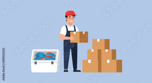 Delivery worker holding a box next to a cooler full of fish and stacks of packages
