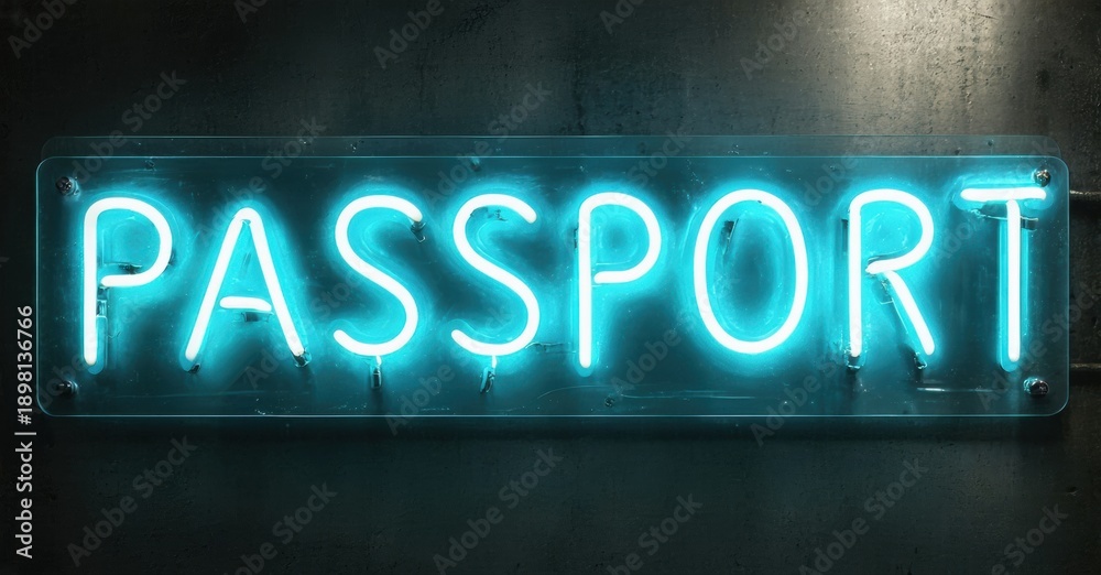 Obraz premium Bright neon sign spells PASSPORT. Dark background emphasizes glowing blue light. Simple, direct message. Modern aesthetic.