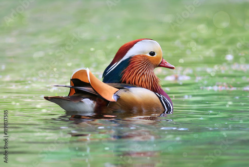 Stunning male Mandarin duck (Aix galericulata) proudly swimming on calm shimmering emerald green water with vibrant breeding plumage    